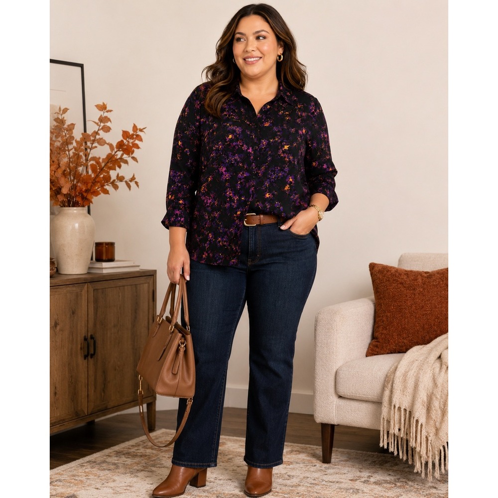 Philosophy XL Black Purple Abstract Print Button Front Blouse Fall Workwear